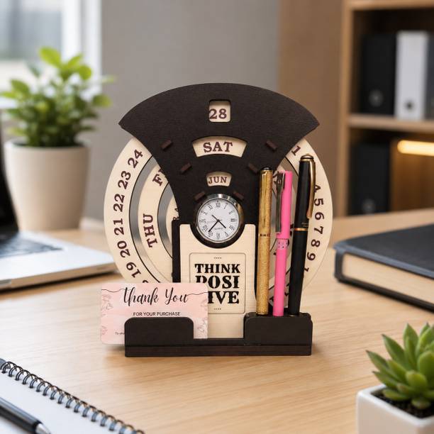 Giftingcare Wooden Circular Calendar With Pen & Visiting Card Holder Table Top Organizer for Office & Home Decor Table Calendar
