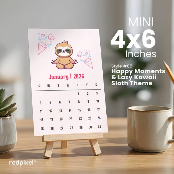 redpixel Happy Moments & Lazy Kawaii Sloth, Desk Calendar, Wooden Easel Stand, Style05 2026 Table Calendar