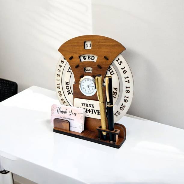 Giftingcare Wooden Circular Calendar With Pen & Visiting Card Holder Table Top Organizer for Office & Home Decor Table Calendar