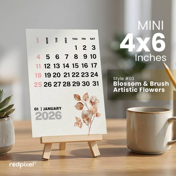 redpixel Blossom and Brush Artistic Flowers Desk Calendar, Wooden Easel Stand, Style03 2026 Table Calendar