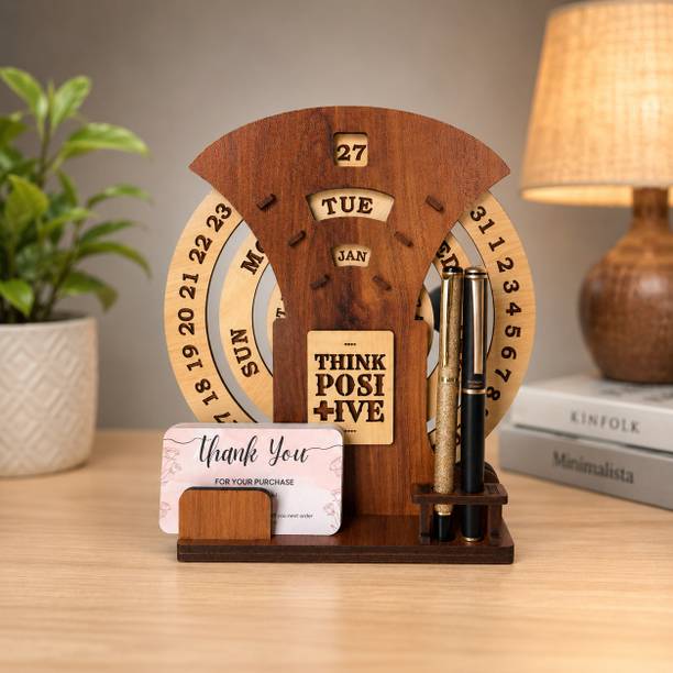 Giftingcare Wooden Circular Lifetime Desk Calendar with Pen Holder & Visiting Card Holder 2026 Table Calendar
