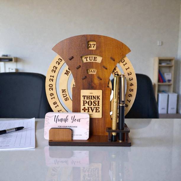 Giftingcare Wooden Circular Lifetime Desk Calendar with Pen Holder & Visiting Card Holder 2026 Table Calendar