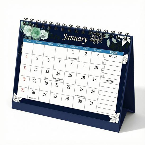 ThinkCrafts Blue Floral Design, Paper, 8.5x6.5 Inches Desk Size 2026 Table Calendar