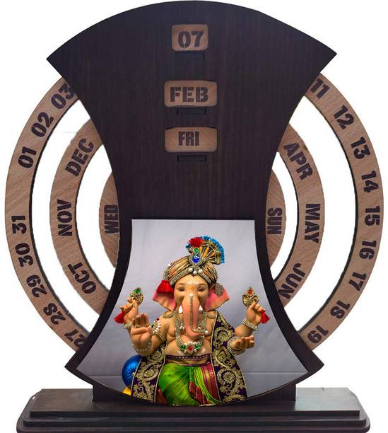 Fab2Classy Ganesh Ji Theme Wooden Calendar Every Year (Year is Not Mention) Table Calendar
