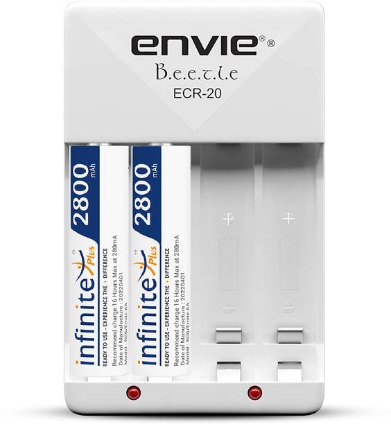 Envie High Speed Wall Plug Charger ECR 20 for AA & AAA Ni-mh/Ni-cd Rechargeable Batteries | 2000MA Output Current | with 2 AA2800 Ni-mh Batteries (ECR2028002PL)  Camera Battery Charger
