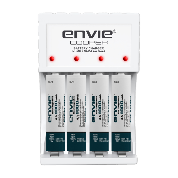 Envie Fast Charger ECR 20MC with Rechargeable Batteries | for AA & AAA Ni-Cd & Ni-mh Rechargeable Batteries with LED Indicator | Compatible with Power Banks | Car Charger | Laptop | Travel Adapter (ECR 20 MC+4xAA1000)  Camera Battery Charger