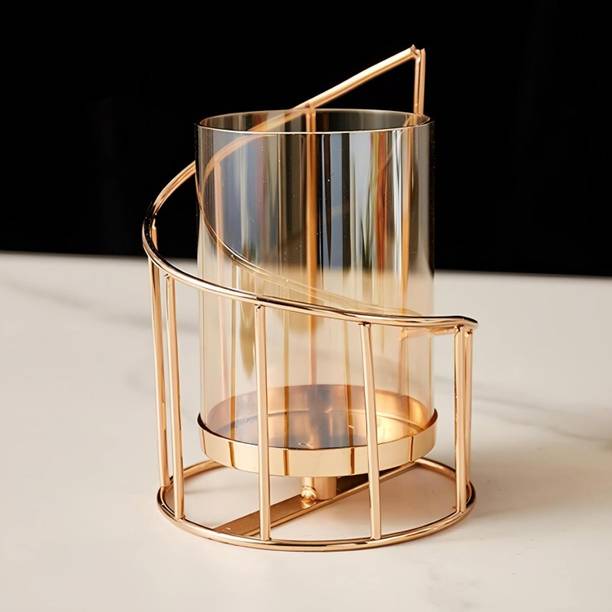 INSTORE GOLD PILLAR FLOWER VASE WITH REMOVABLE GLASS CUM TEA CANDLE TEA LIGHT HOLDER Iron, Glass 1 - Cup Tealight Holder