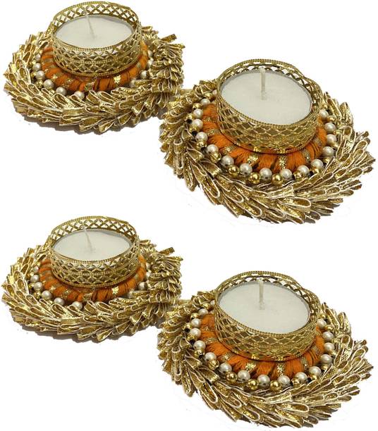 VinshBond Designed Round Votives Tealight Candle Holders for Home/Dewali Iron 4 - Cup Tealight Holder Set