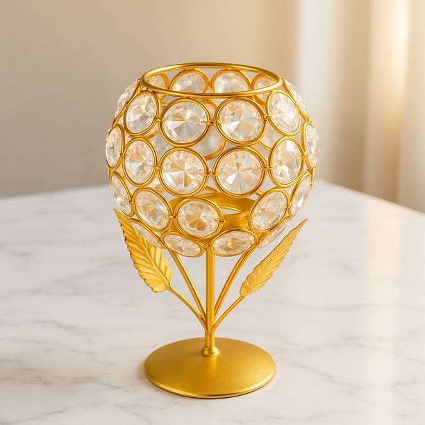 Vooy Golden Crystal Tealight Candle Holder | Metal Decorative Stand for Home Decor Iron 1 - Cup Candle Holder Set