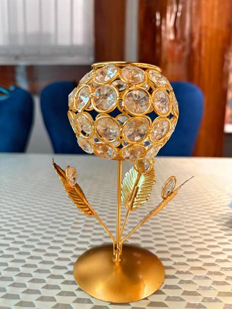 Elite Moment Creations Elite Moment Creations Tealight Holder with Gold Plated Stand & crystl reflector Crystal, Iron Tealight Holder