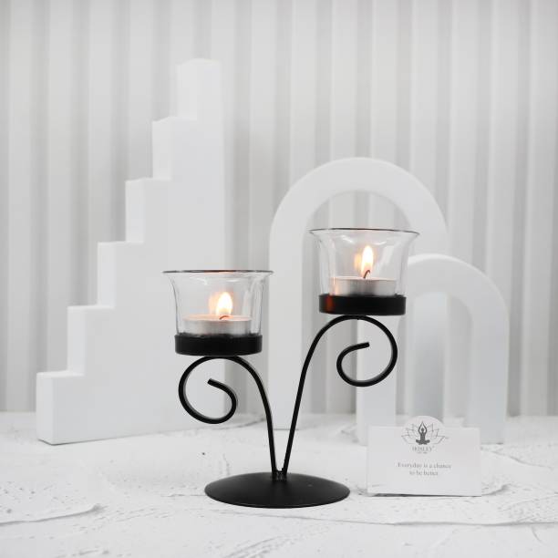 Hosley Metal Glass 2-Cup Centrepiece|Perfect for Home Decor, Tabletop Iron Tealight Holder Set