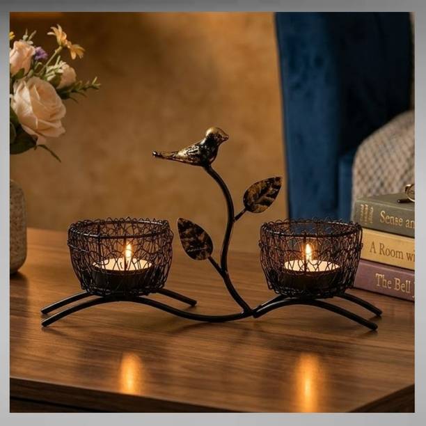 S M CRAFTIVO Double Bird Tealight Candle Stand Diwali Decoration Iron 3 - Cup Candle Holder