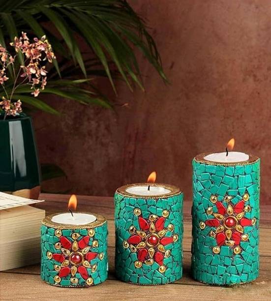 SEVLIYA TRADERS Wooden Stone Work Pillar Candle Holder Set of 3 Handcrafted Diwali Décor Wooden 3 - Cup Candle Holder Set