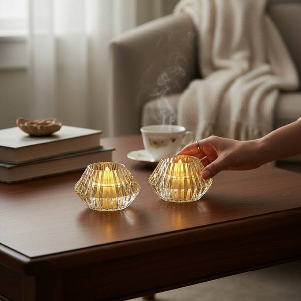 P. R. Prints 2 Pcs LED Tea Light Candles | Flameless & Smokeless Diya | Home Decor Crystal Tealight Holder Set