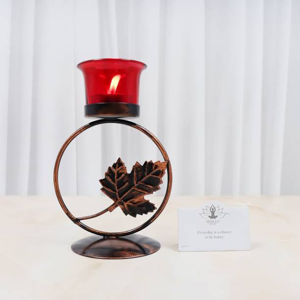 Hosley Tealight Candle Holder with Red Glass for Home Decoration Lightning Gifting Iron 1 - Cup Candle Holder