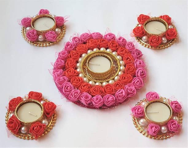 PRAHLL Metal Artificial Rose Flowers Tealight Crystal Tealight Holder