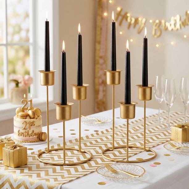 bhhandicrafts Golden Metal Tealight Taper Candle Stand Table Centerpiece Home Wedding Events Iron 2 - Cup Candle Holder Set
