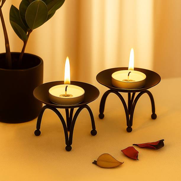 Decor City Handcrafted Black Metal Tea Light Candle Holder Stand For Diwali Decoration Iron 2 - Cup Tealight Holder