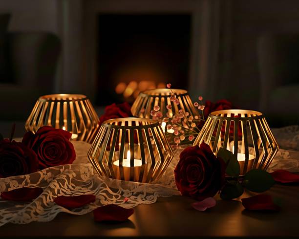 INURA Handcrafted Gold Metal Tealight Holders for Home Decor. Iron 4 - Cup Tealight Holder Set