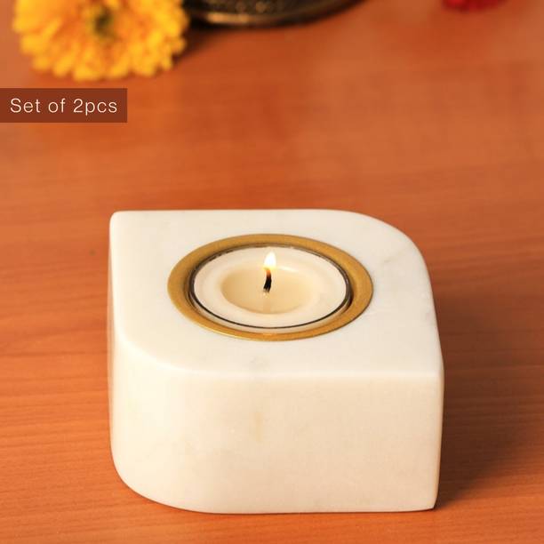 AGROMOMMY LuxeMarb Tealight Candle Holder or Stand| B. White Marble Marble, Brass 2 - Cup Candle Holder Set
