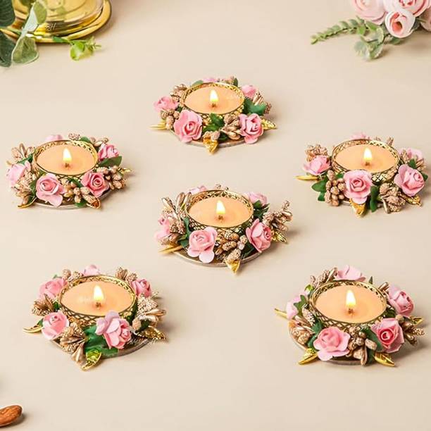 TGS Decorative Pink Flower Tealight Candle Holder Set for Diwali Home Decoration Steel 6 - Cup Tealight Holder