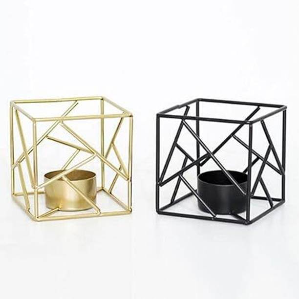 INSTORE Set of 2 Metal Black Geometric Design Tea Light Candle Holders, Brushed Black Iron 1 - Cup Tealight Holder Set