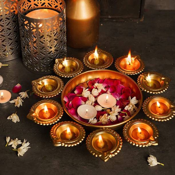 TIED RIBBONS Urli Bowl with Diya Tealight Holders for Home Diwali Floating Flower Table Pooja Iron Tealight Holder Set
