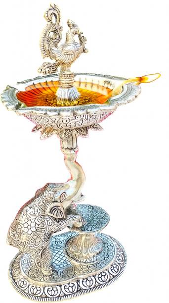 Shri Kaila Maa Art Gallery Decorative Brass Peacock Oil Diya Lamp with Elephant Stand | 20 Inch Brass Table Diya