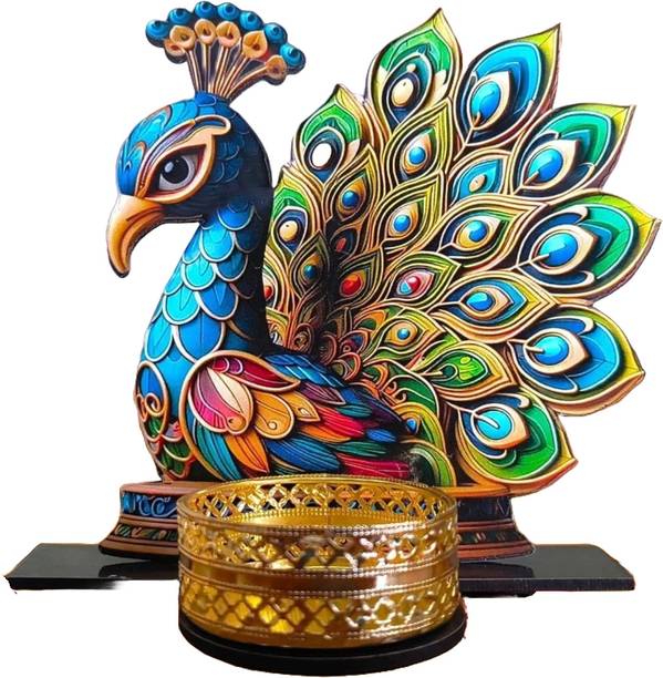 Shubh Saaj Peacock Tea Light Candle Holder | T-Light Set for Home Decor Wooden 4 - Cup Candle Holder Set