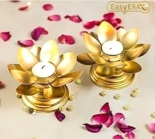 Easyera Golden Iron Table Lotus Flower T-light /Tealight Holder Diwali Diya Iron 2 - Cup Candle Holder