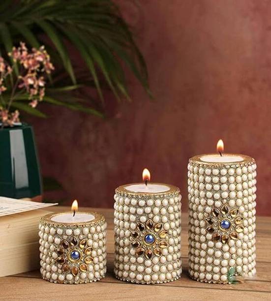 SEVLIYA TRADERS White Wooden Stone Work Pillar Candle Holder Set of 3 Handcrafted Décor Wooden Candle Holder Set