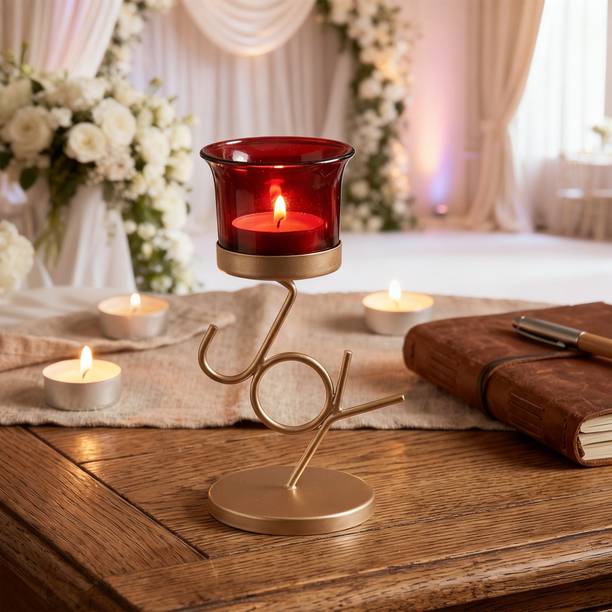 Hosley Decorative Metal Tealight Candle Holder with Red Glass Cups Tabletop Stand Iron Candle Holder Set