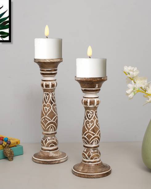 Homesake Wooden Pillar Candle Stand, Hand Crafted Wood Candle Holders Set Of 2 Wooden Candle Holder