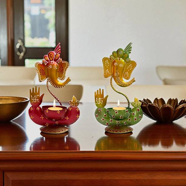 TBS Ganesha Tealight Candle Holder Metal Handmade Diya Stand Pooja Home Decor Gifted Iron 1 - Cup Tealight Holder Set