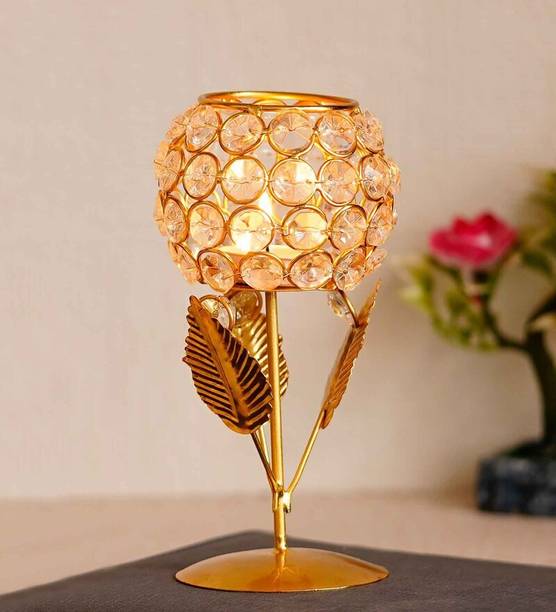 Casacraft by Pepperfry Glass With Leaf Shape Crystal Tea Light Holder Crystal Tealight Holder