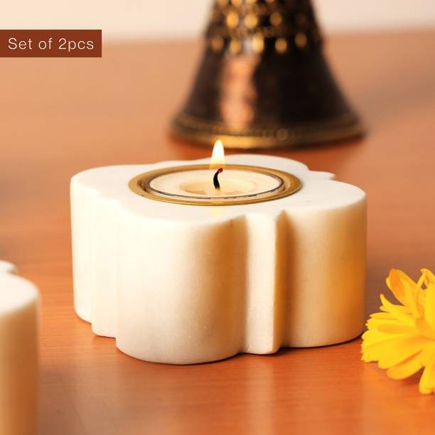 AGROMOMMY Blossom Tealight Candle Holder (B.White Marble, 7X7X8 CM) Marble, Brass 2 - Cup Tealight Holder Set