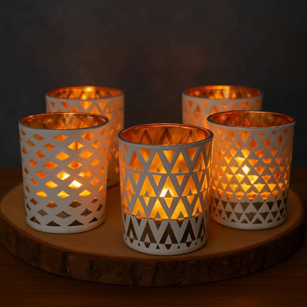FZCREATION Handcrafted Tealight Candle Holder – Premium Table & Shelf Decoration Accent Iron 5 - Cup Candle Holder Set