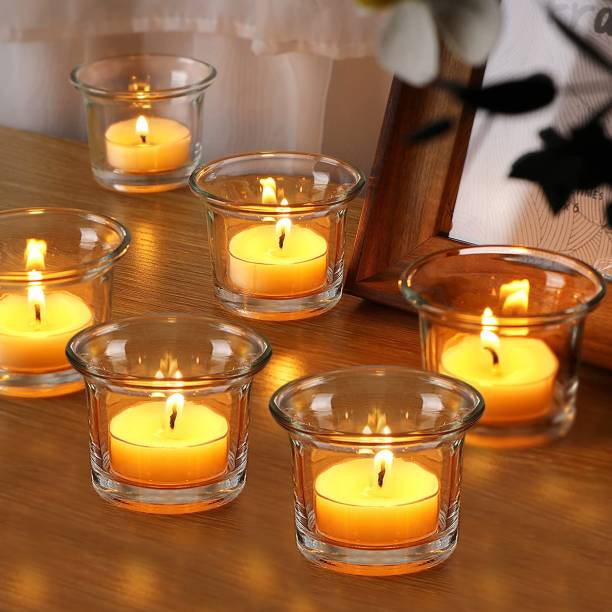 TIED RIBBONS Set of 6 Votive Glass Tealight Candle Holders - Christmas Lighting Decoration (Glass, Transparent) Glass 6 - Cup Tealight Holder