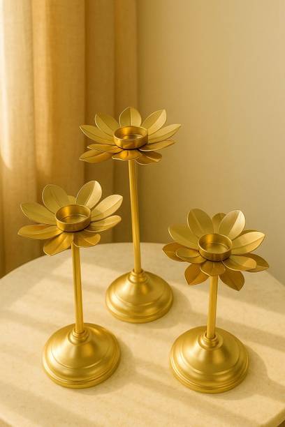 mmmetalArt MMmetal Art Lotus Design Golden Candle Holder Stand Iron 3 - Cup Tealight Holder Set