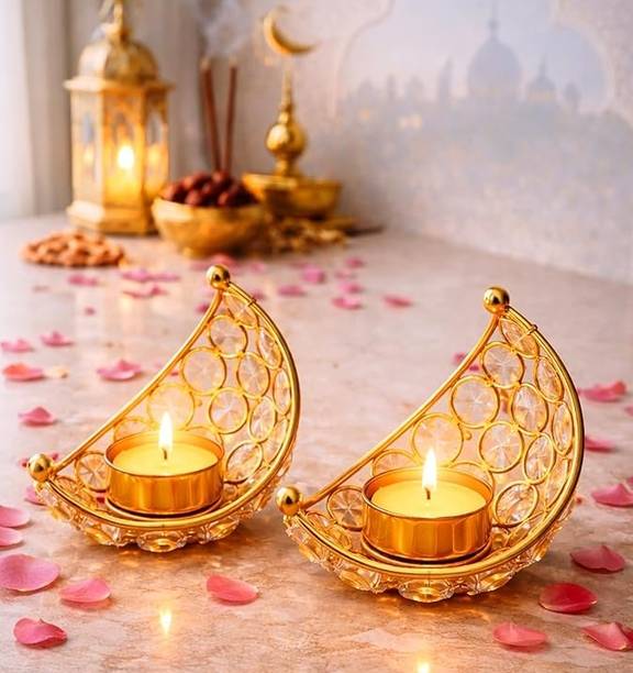 Shana handicrafts Golden Crescent Moon Iron 1 - Cup Candle Holder Set