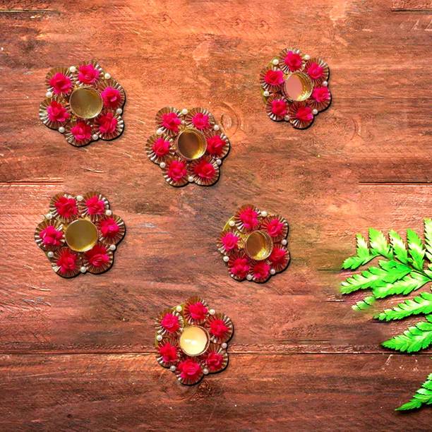 TGS Golden Red Floral Tealight Candle Holder Set for Diwali Home Decoration Steel 6 - Cup Tealight Holder