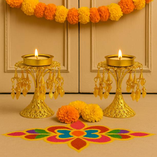 JWELLA Decorative Metal Tealight Holders for Diwali, Pooja, Weddings & Home Décor Steel Candle Holder Set