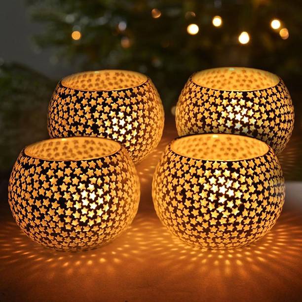 TIED RIBBONS Votive Snowflake Or Star Bisque Tealight Holder Glass Tealight Holder Set