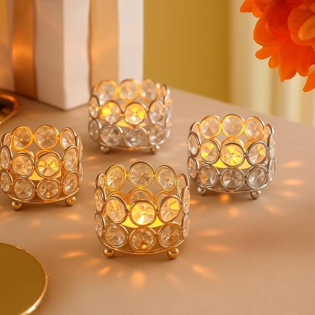 CrystalCrafts Crystal Tealight Candle Holder for Home Décor (Gold, Set of 4) Iron 4 - Cup Tealight Holder Set
