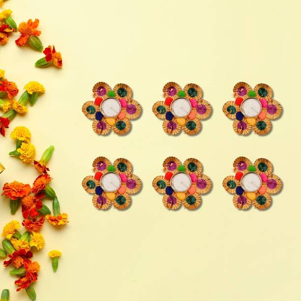 Tiny Shiny Tea Light Flower Candle Diya Holder Set for Home Office Decoration Puja Polyester 6 - Cup Tealight Holder Set