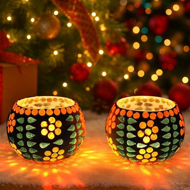 TIED RIBBONS Decorative Tea Light Candle Holder for Home Decor Diwali Pooja Dining Table Glass 2 - Cup Tealight Holder Set