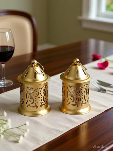 DecorGenie Hanging Tea Light Holder Lantern Gold Pack of 2 Gold Plated 2 - Cup Tealight Holder Set