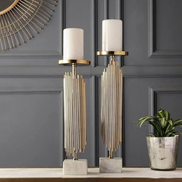 Zove Luxury Gold Metal Candle Holder Stand Set with Marble Base for Home Décor Steel, Marble Candle Holder Set