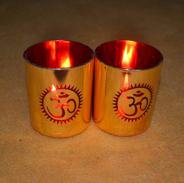 Decent Glass Home Decor Tealight Holder Lord Ganesh and Laxmi Tealight Pack of 2 (Om) Glass Candle Holder Set