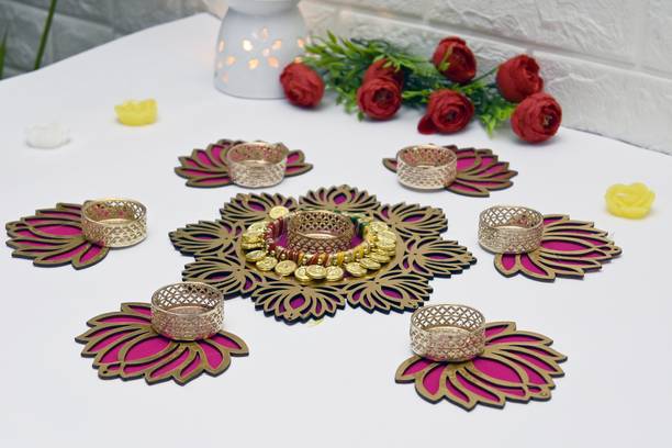 AVIKALP INDIA Designer Lotus Shaped Tealight Candle Holder, Rangoli Gold Plated Tealight Holder Set